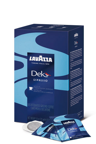 Lavazza Dek 36 Decaffeinated ESE Coffee Paper Pods - Right-Tilted Pack With Visible Paper Pod and Individually Wrapped Pods
