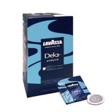Lavazza Dek 18 Decaffeinated ESE Coffee Paper Pods - Left-Tilted Pack With Visible Paper Pod and Individually Wrapped Pod