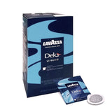 Lavazza Dek 54 Decaffeinated ESE Coffee Paper Pods - Left-Tilted Pack With Visible Paper Pod and Individually Wrapped Pod