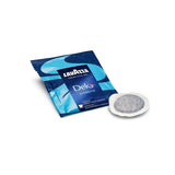 Lavazza Dek 18 Decaffeinated ESE Coffee Paper Pods - Right-Tilted Visible Paper Pod and Individually Wrapped Pod