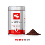 Illy Moka Tostato Classico Ground Coffee (1 Pack of 250g) Tin Next To Ground Coffee with 5 Intensity Beans out of 9